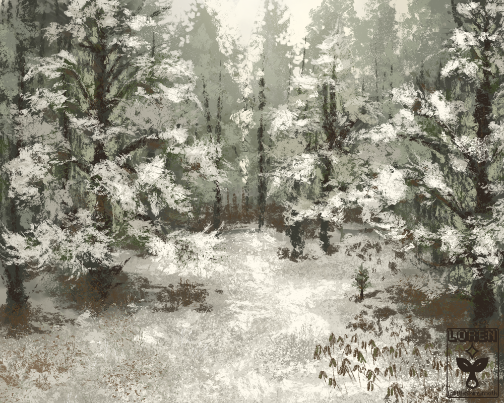 A snow covered pine forest on a cloudy day.